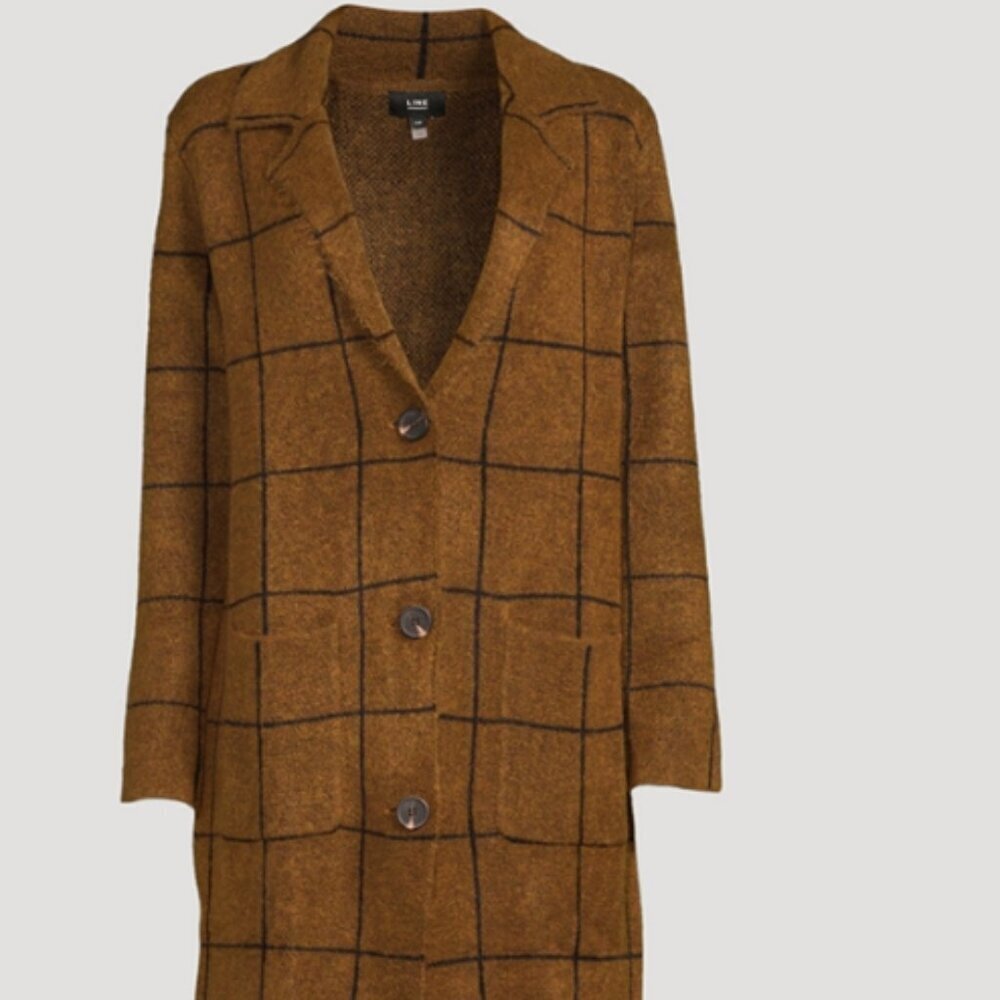 LINE Plaid Long Cardigan/Duster – Brown & Black Check - Size Medium - Picture 17 of 17